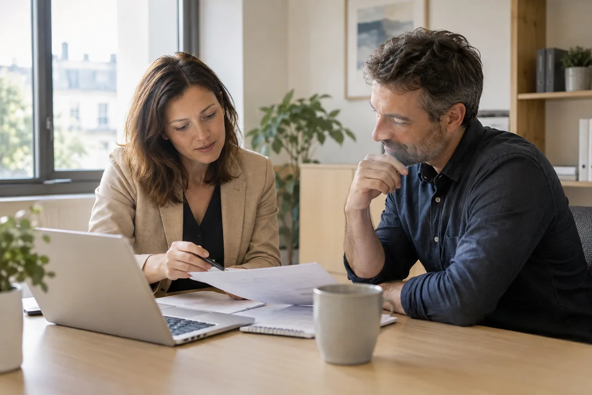 Accountant discussing documents with a client, illustrative scene
