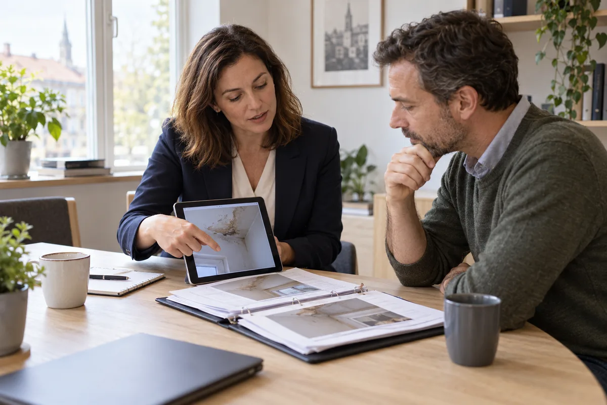Insurance broker reviewing a claim with a client, illustrative scene