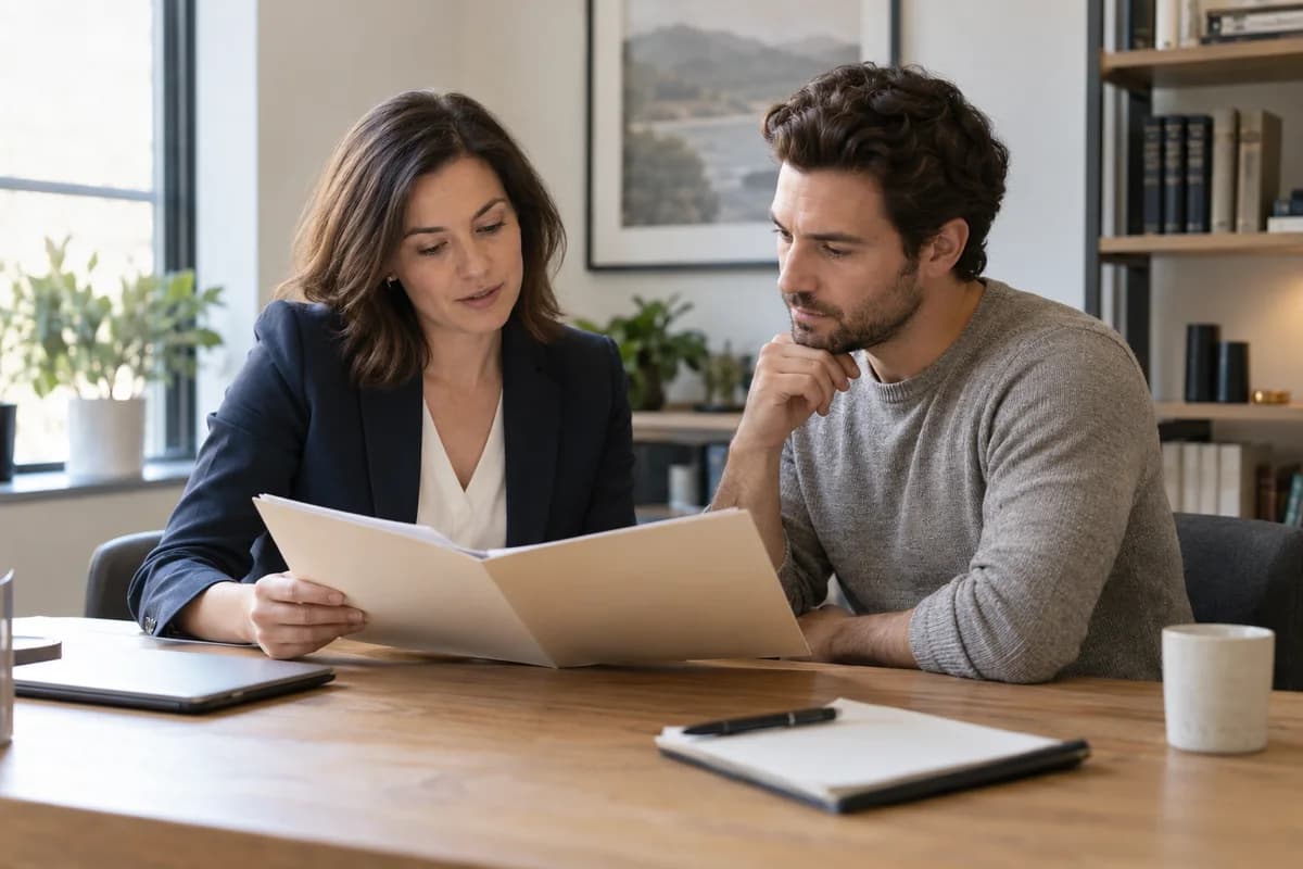Legal professional reviewing documents with a client, illustrative scene
