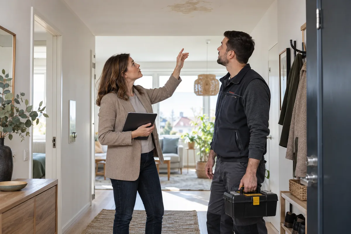Property manager discussing maintenance with a contractor, illustrative scene