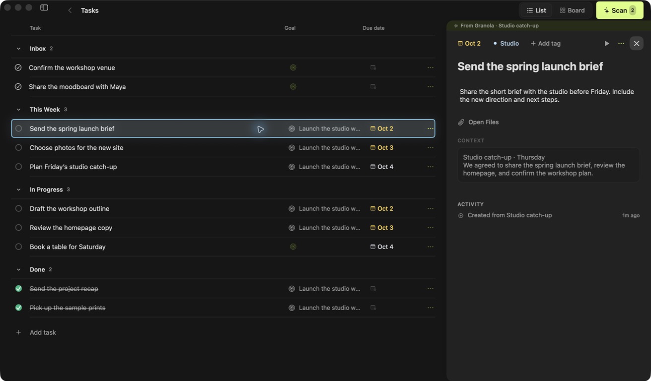 A fictional task in the runnrr Mac app with its supporting files and conversation open